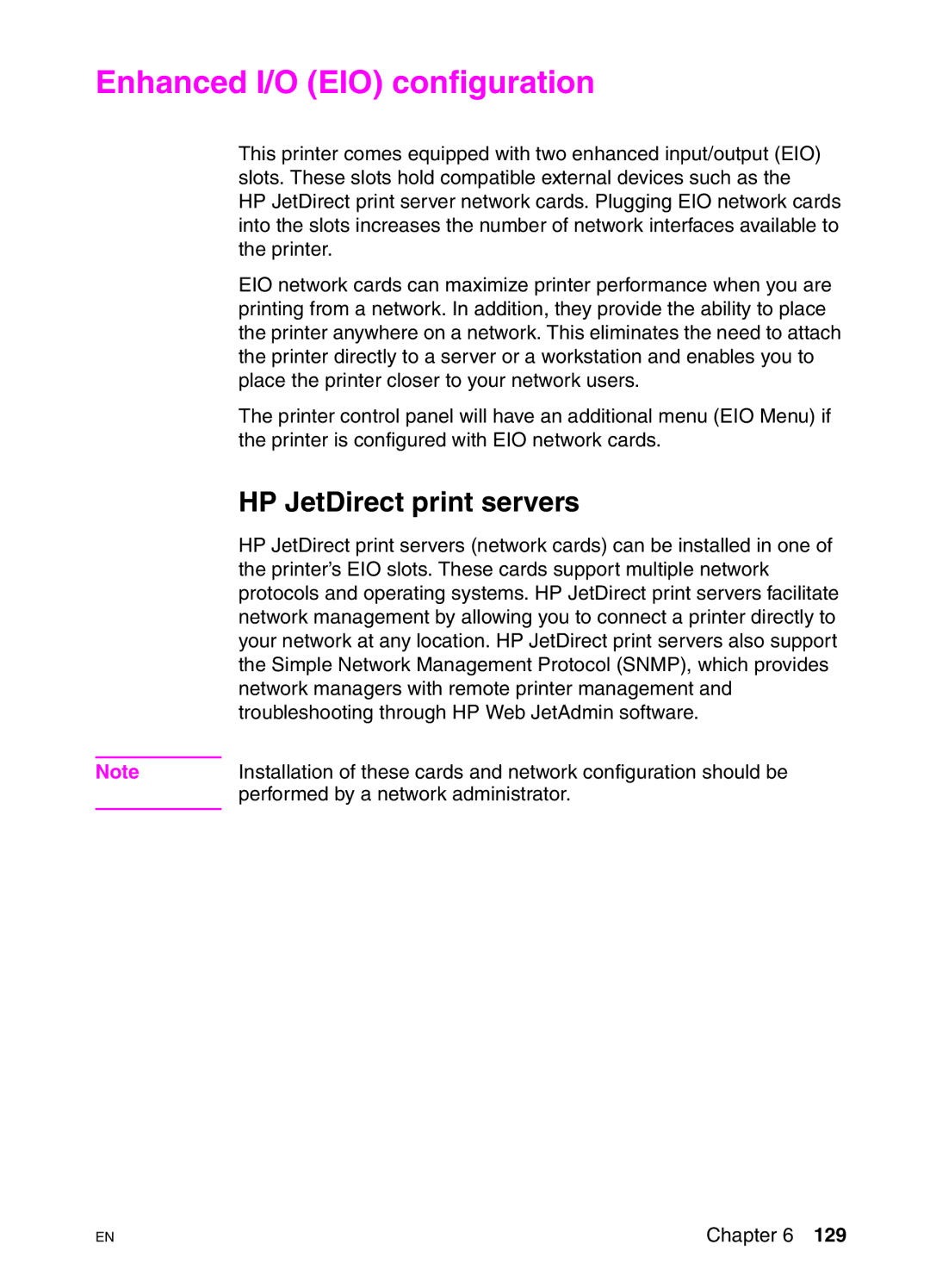 HP 4550DN, 4550N, 4550HDN manual Enhanced I/O EIO configuration, HP JetDirect print servers 