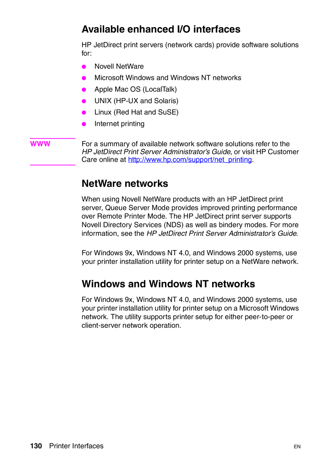 HP 4550N, 4550DN, 4550HDN manual Available enhanced I/O interfaces, NetWare networks, Windows and Windows NT networks 