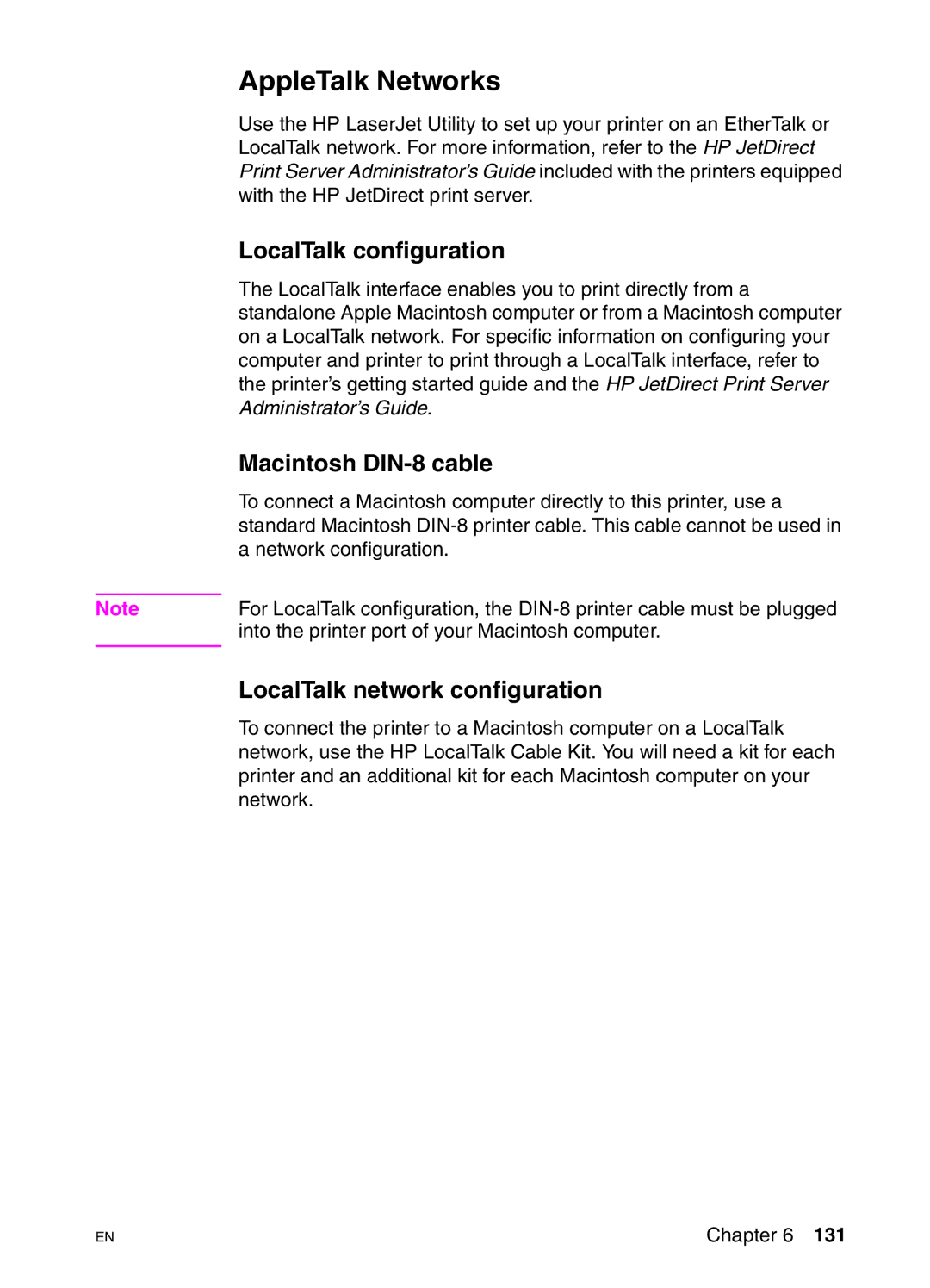 HP 4550HDN, 4550DN AppleTalk Networks, LocalTalk configuration, Macintosh DIN-8 cable, LocalTalk network configuration 