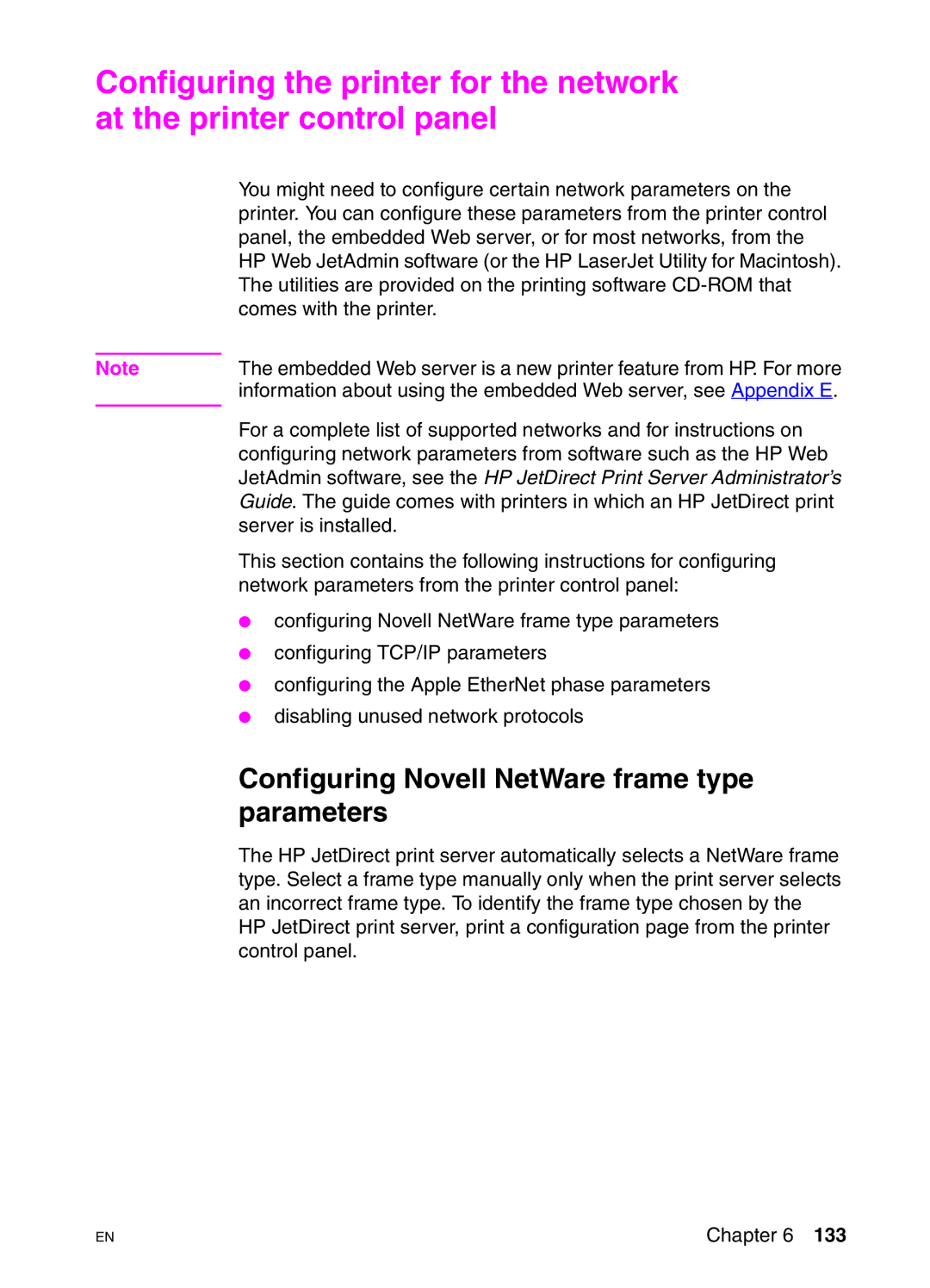 HP 4550N, 4550DN, 4550HDN manual Configuring Novell NetWare frame type, Parameters 