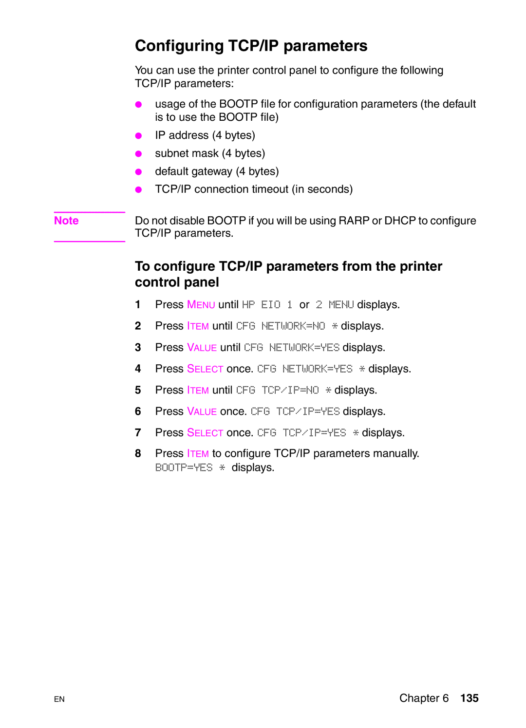 HP 4550DN, 4550N, 4550HDN manual Configuring TCP/IP parameters, BOOTP=YES * displays 