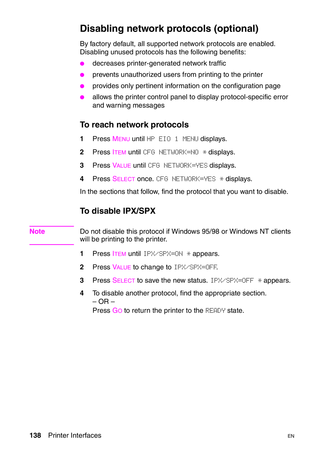 HP 4550DN, 4550N, 4550HDN manual Disabling network protocols optional, To reach network protocols, To disable IPX/SPX 