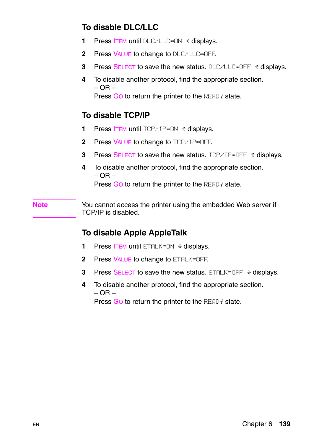 HP 4550N, 4550DN, 4550HDN manual To disable DLC/LLC, To disable TCP/IP, To disable Apple AppleTalk 