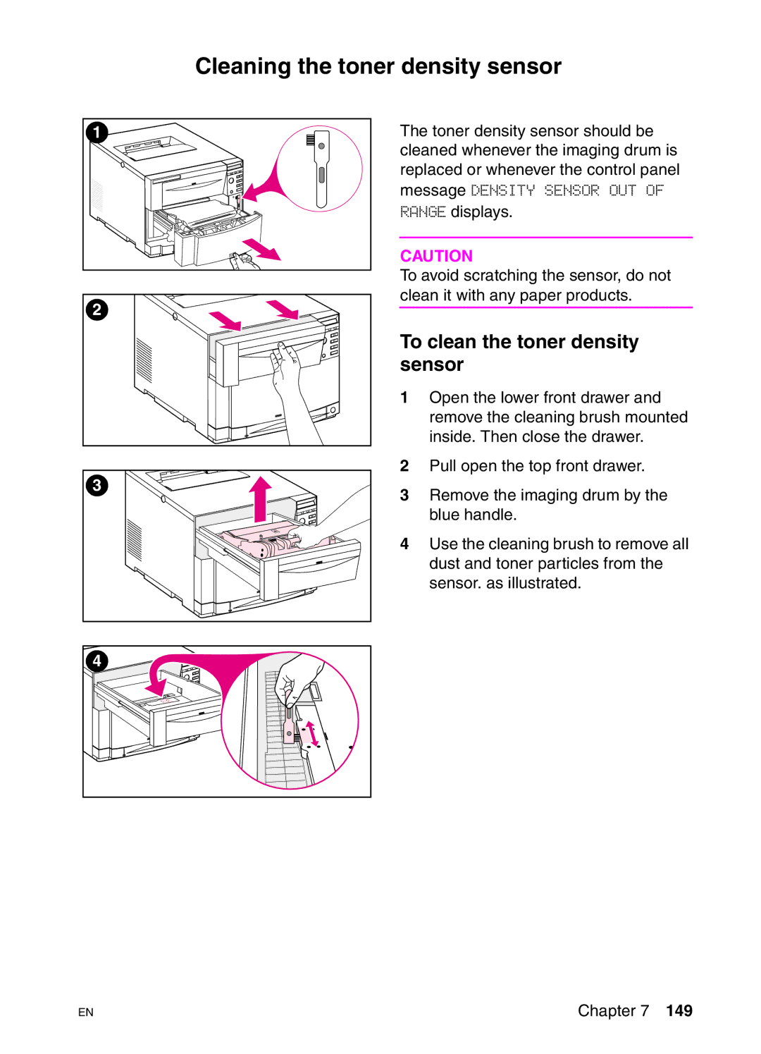 HP 4550HDN, 4550DN, 4550N manual Cleaning the toner density sensor, To clean the toner density sensor 