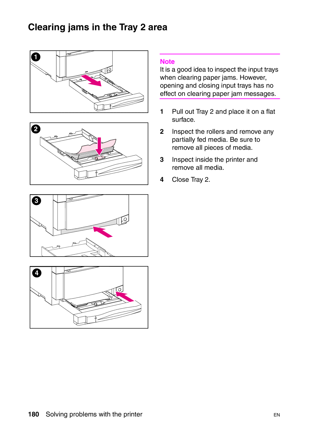 HP 4550DN, 4550N, 4550HDN manual Clearing jams in the Tray 2 area 
