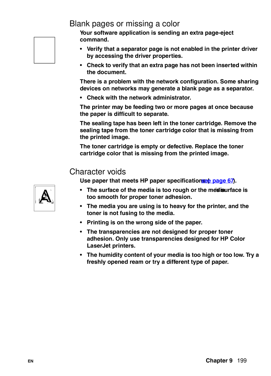 HP 4550N, 4550DN, 4550HDN manual Blank pages or missing a color, Character voids 