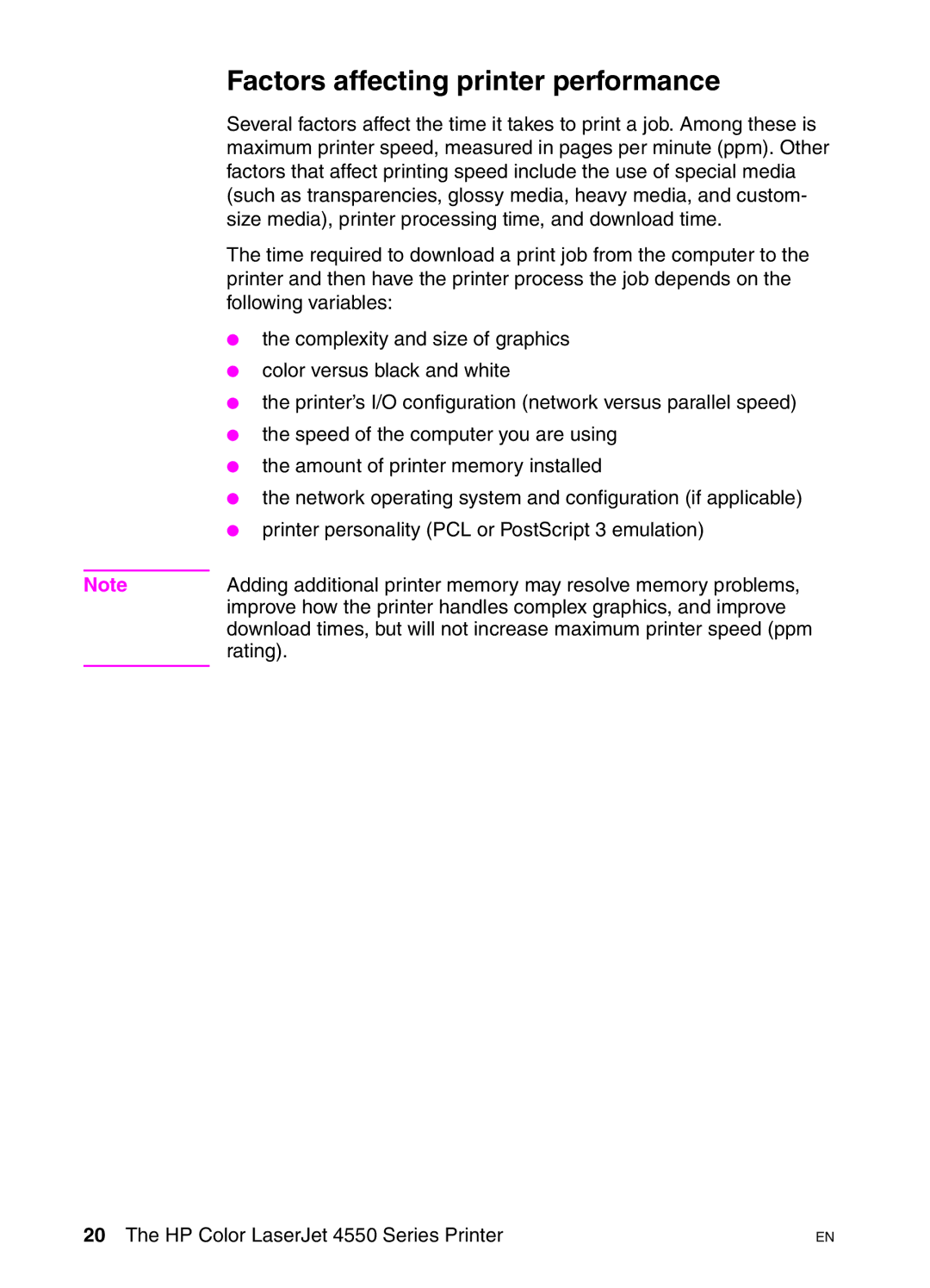 HP 4550HDN, 4550DN, 4550N manual Factors affecting printer performance 