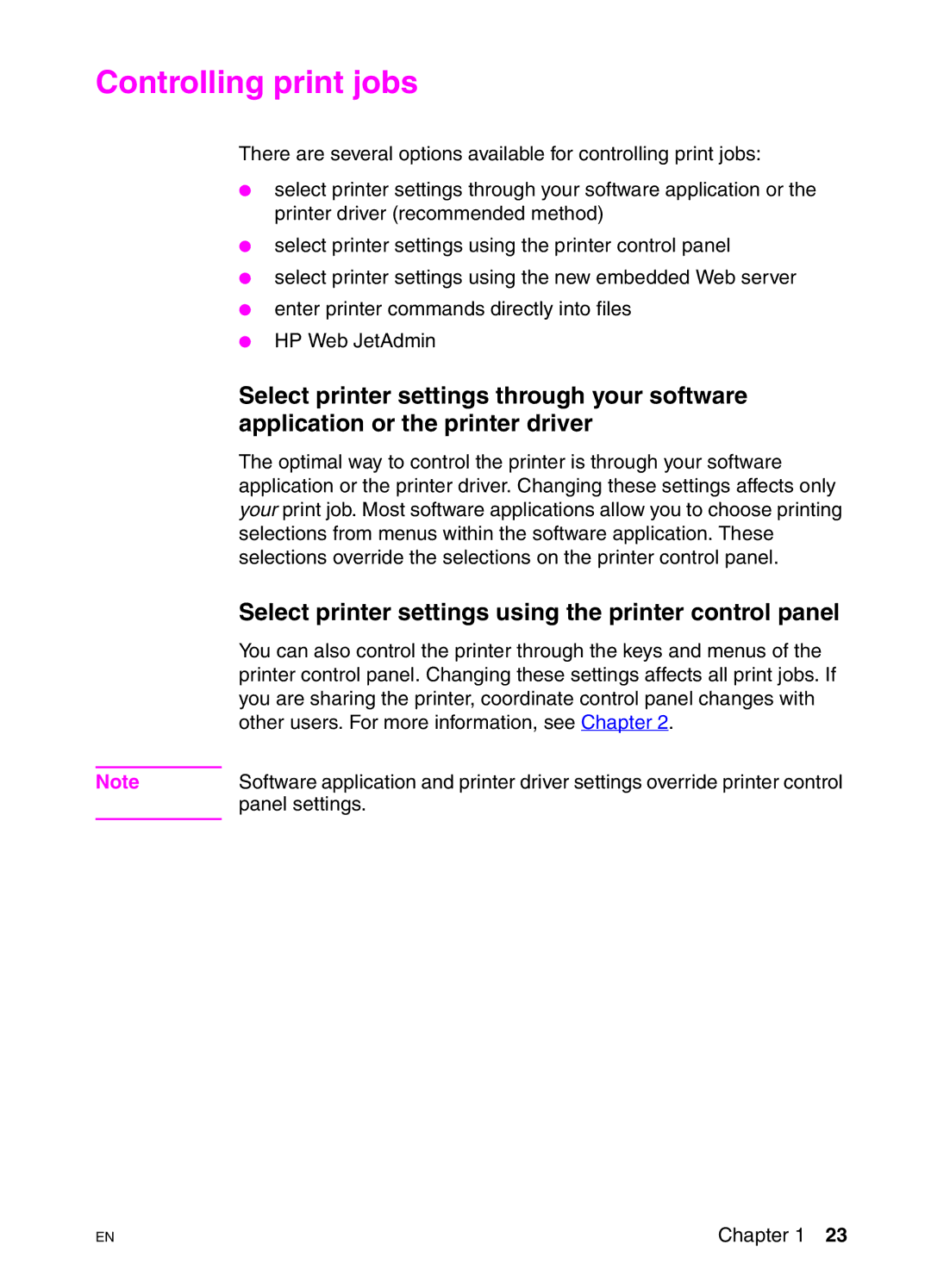 HP 4550HDN, 4550DN, 4550N manual Controlling print jobs, Select printer settings using the printer control panel 