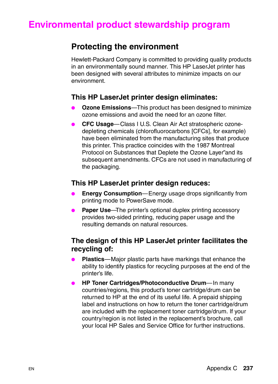 HP 4550DN Environmental product stewardship program, Protecting the environment, This HP LaserJet printer design reduces 