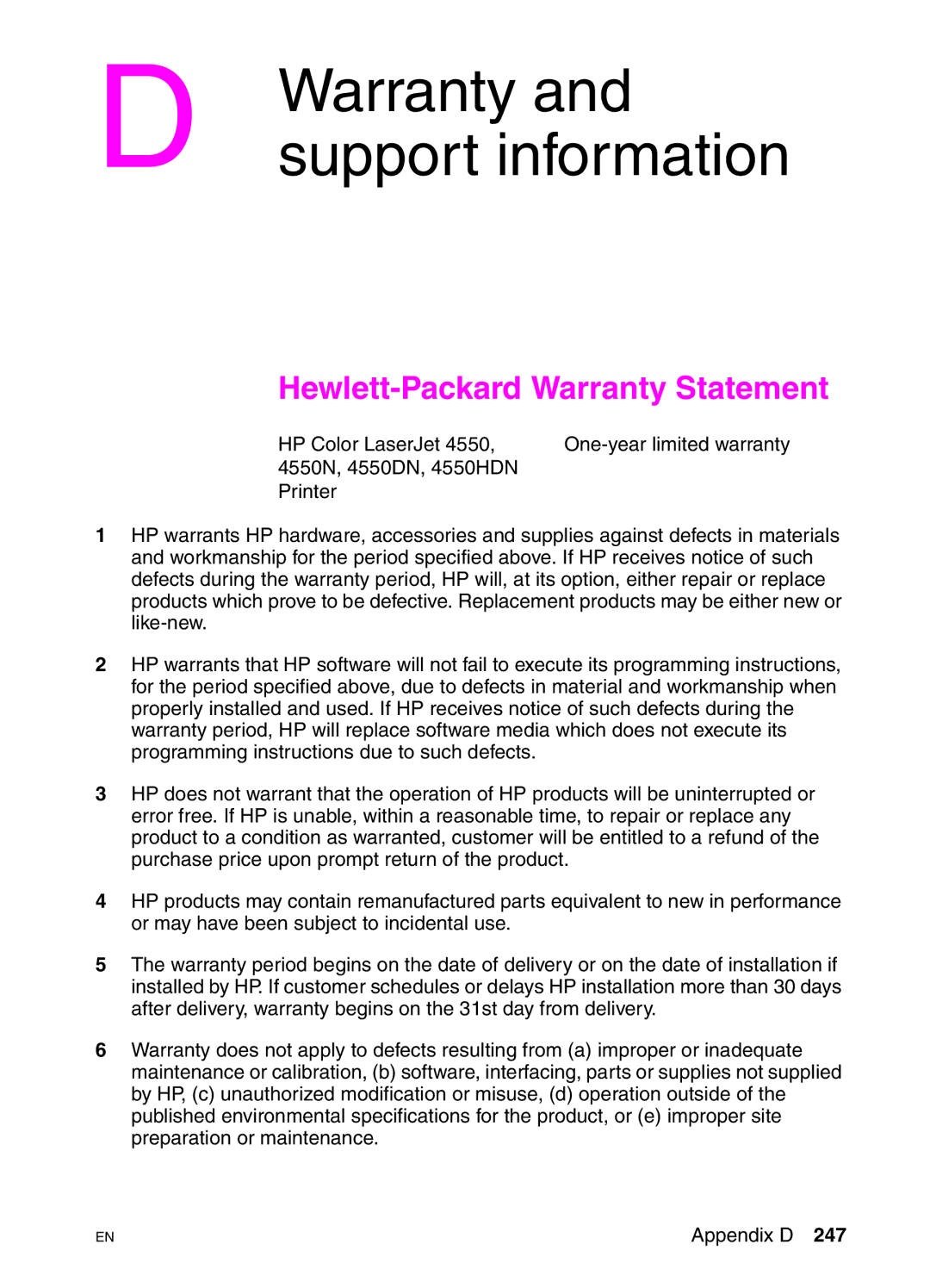 HP 4550N, 4550DN, 4550HDN manual Support information, Hewlett-Packard Warranty Statement 