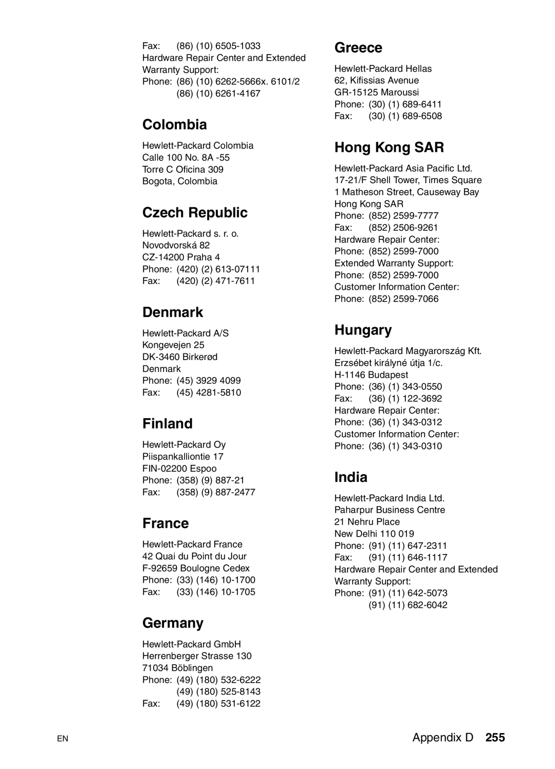 HP 4550DN, 4550N manual Colombia, Czech Republic, Denmark, Finland, France, Germany, Greece, Hong Kong SAR, Hungary, India 