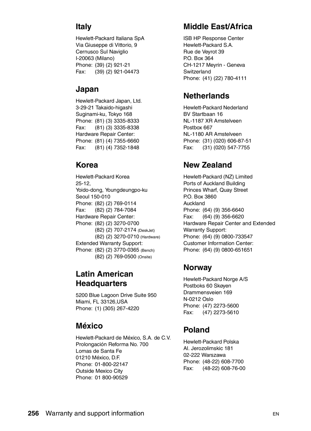 HP 4550N Italy, Japan, Korea, Latin American Headquarters, México, Middle East/Africa, Netherlands, New Zealand, Norway 