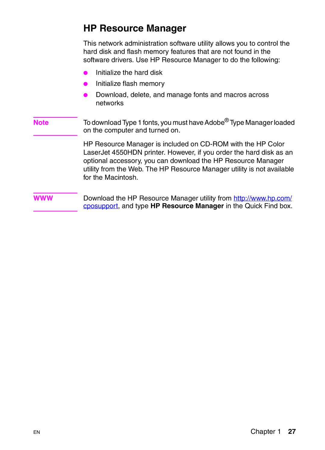 HP 4550DN, 4550N, 4550HDN manual HP Resource Manager 