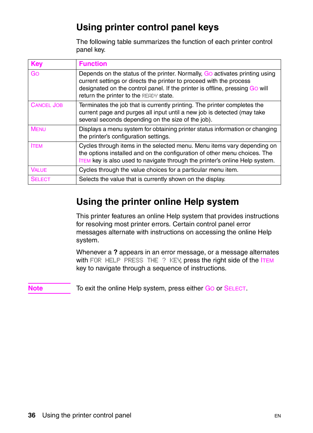 HP 4550DN, 4550N, 4550HDN manual Using printer control panel keys, Using the printer online Help system 