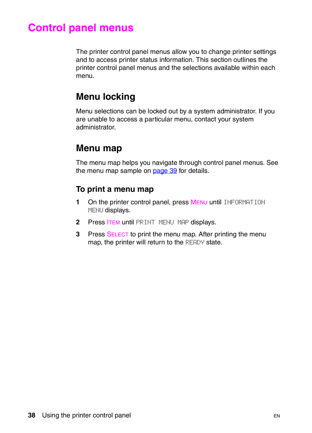 HP 4550HDN, 4550DN, 4550N manual Control panel menus, Menu locking, Menu map, To print a menu map 