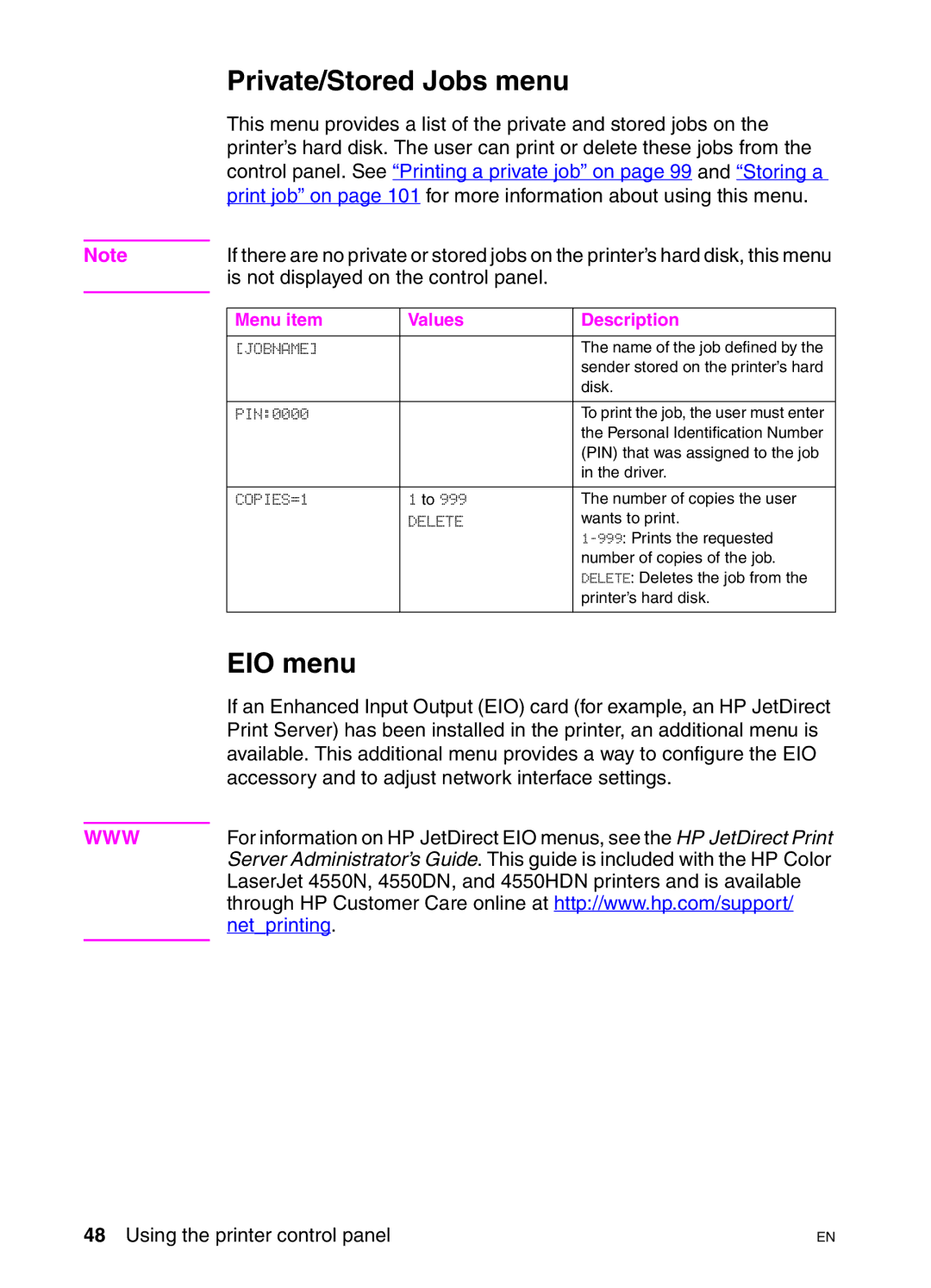 HP 4550DN, 4550N, 4550HDN manual Private/Stored Jobs menu, EIO menu 