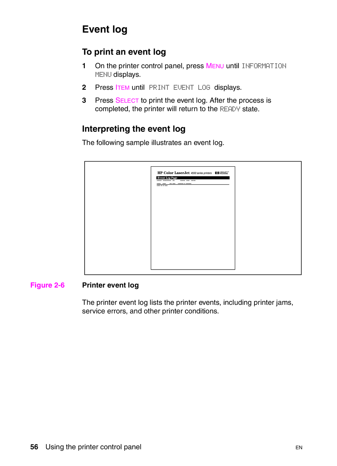 HP 4550HDN, 4550DN, 4550N manual Event log, To print an event log, Interpreting the event log 