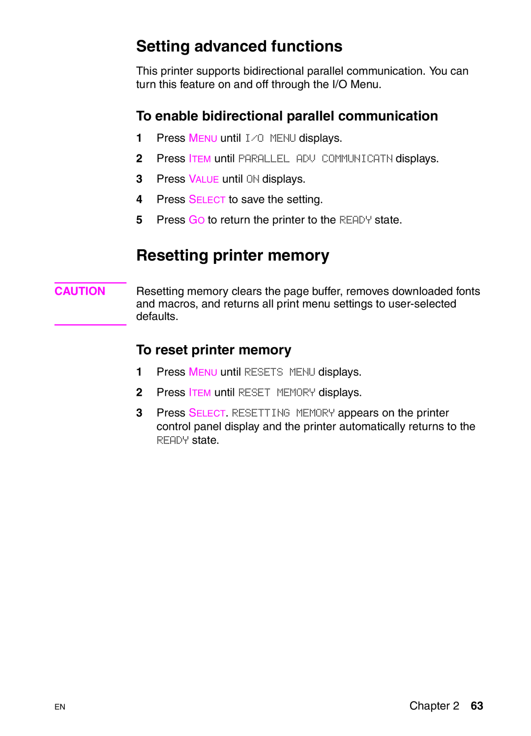 HP 4550DN, 4550N manual Setting advanced functions, Resetting printer memory, To enable bidirectional parallel communication 