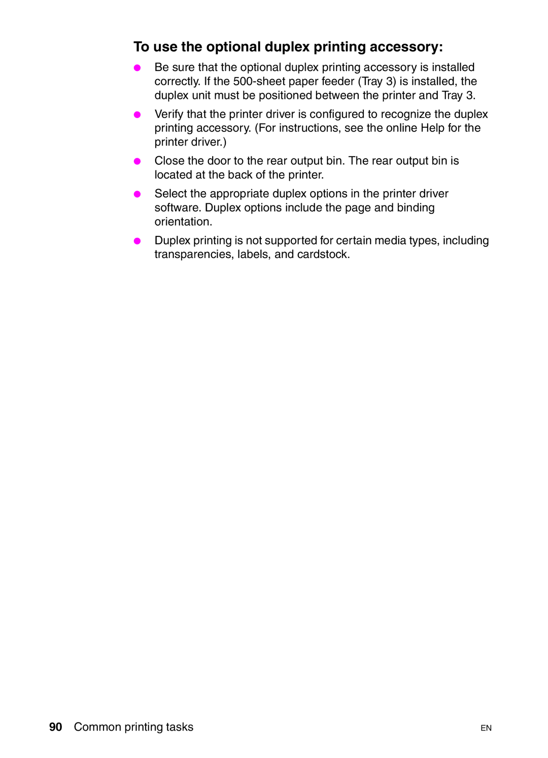 HP 4550DN, 4550N, 4550HDN manual To use the optional duplex printing accessory 