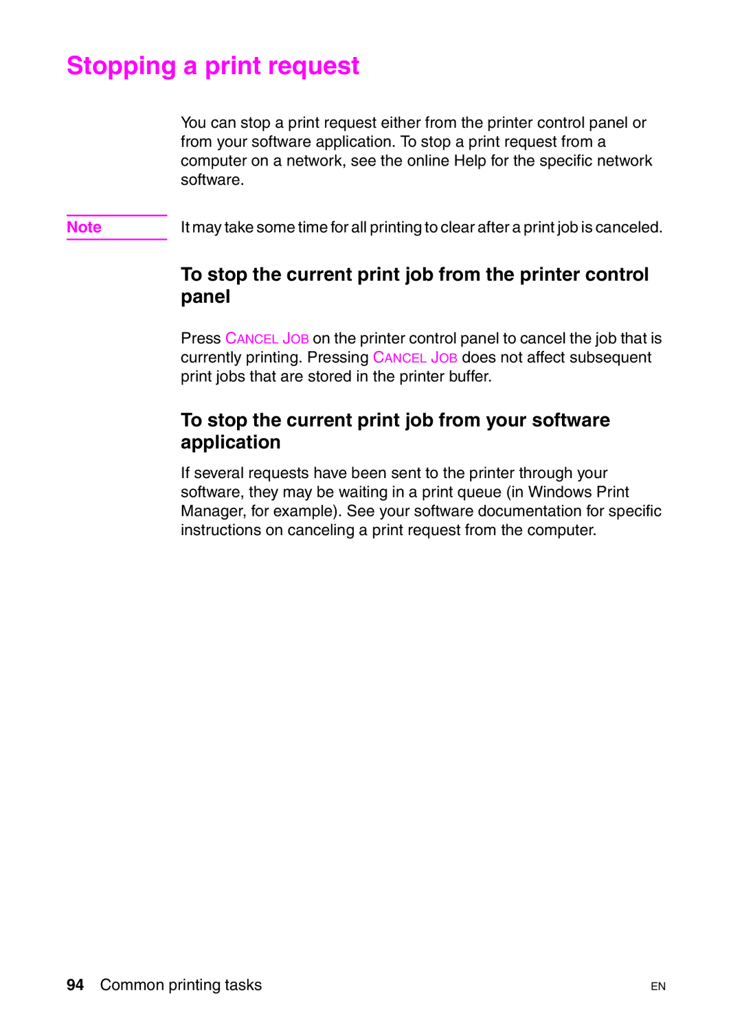 HP 4550N, 4550DN manual Stopping a print request, To stop the current print job from the printer control, Panel, Application 