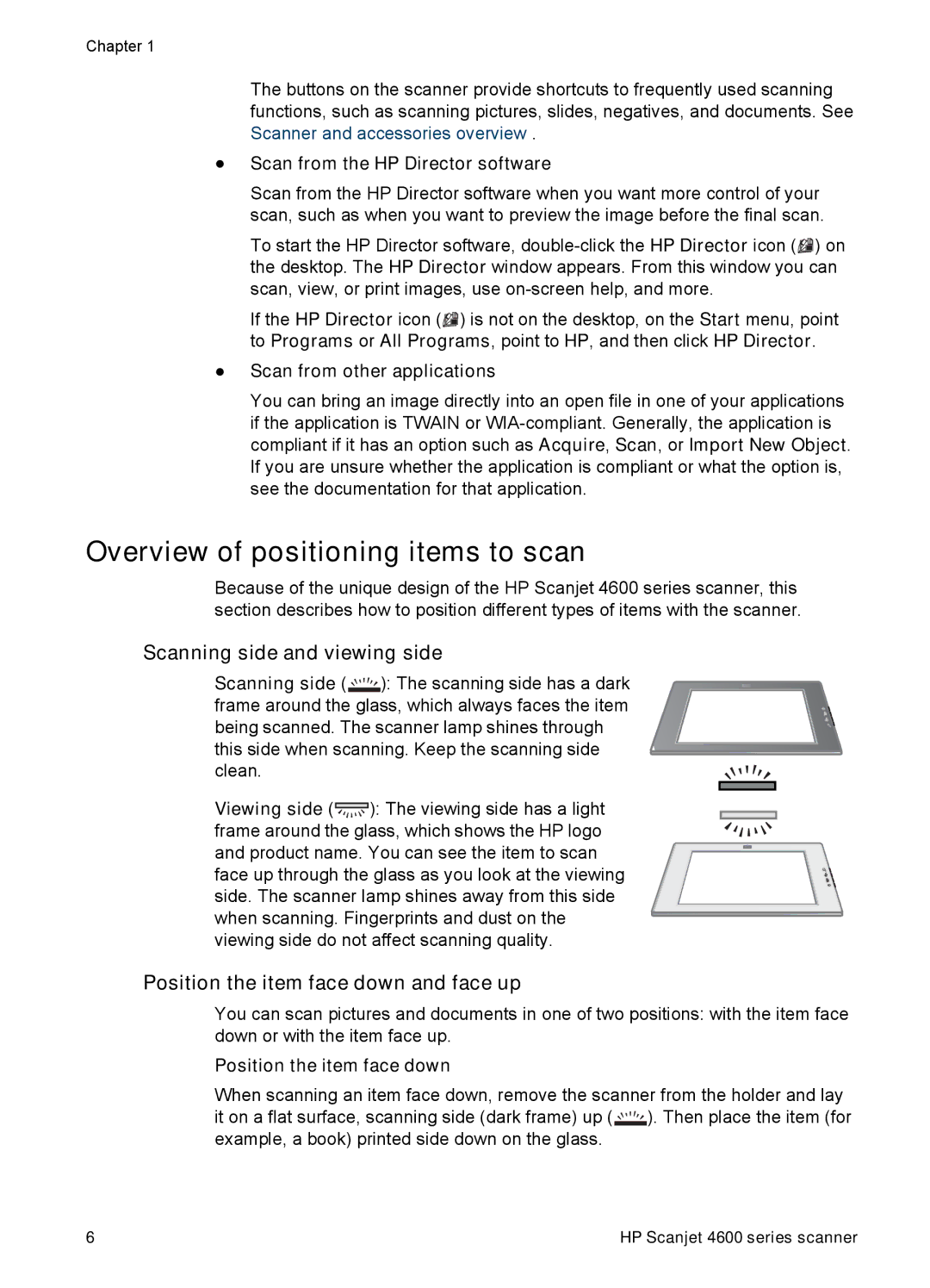 HP 4600 Overview of positioning items to scan, Scanning side and viewing side, Position the item face down and face up 