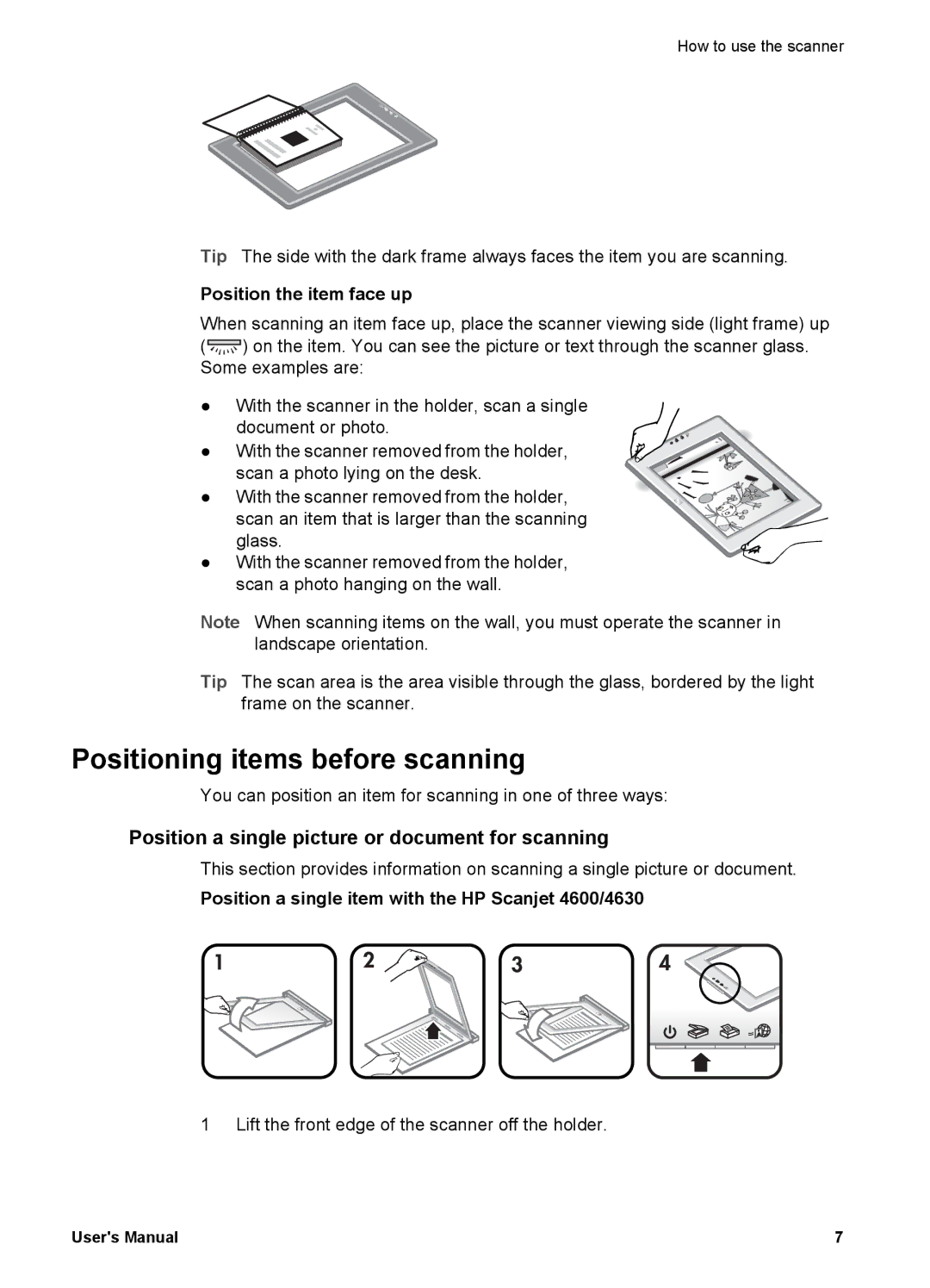 HP 4600 Positioning items before scanning, Position a single picture or document for scanning, Position the item face up 