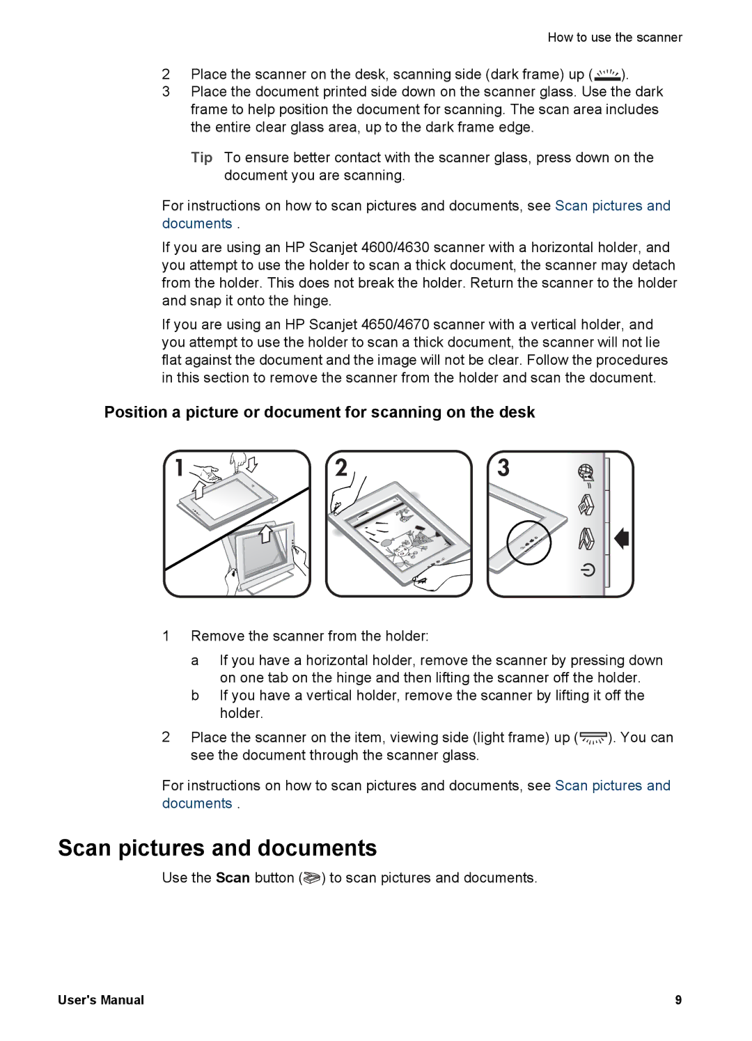 HP 4600 manual Scan pictures and documents, Position a picture or document for scanning on the desk 