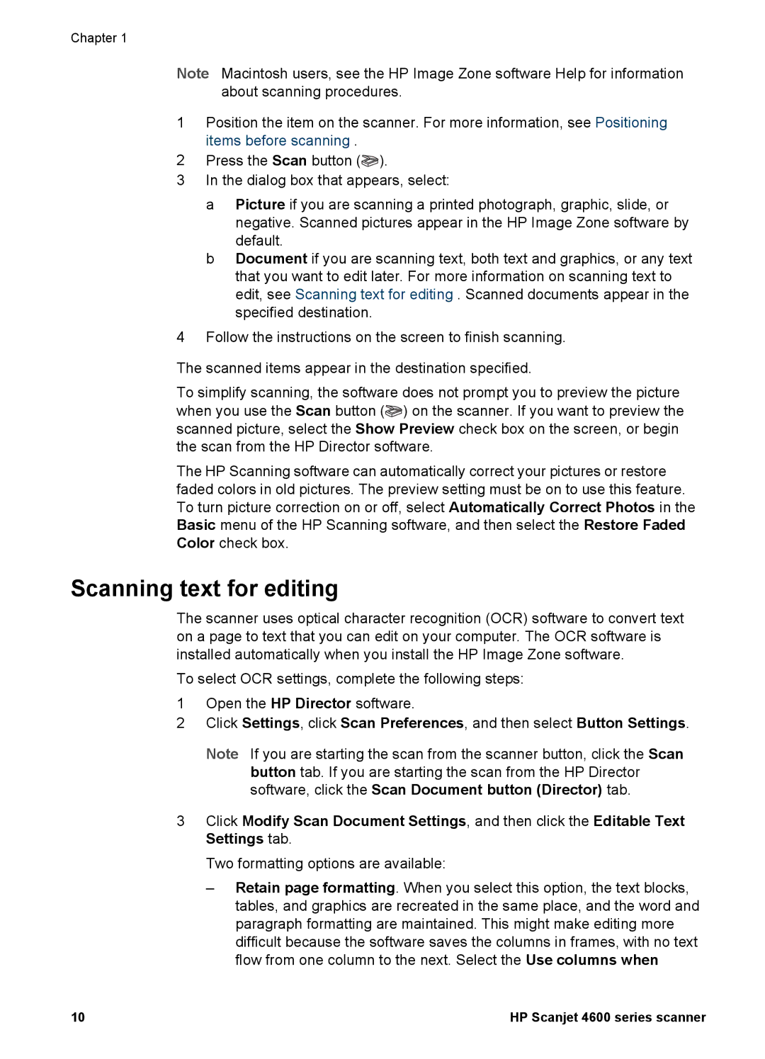 HP 4600 manual Scanning text for editing, Two formatting options are available 