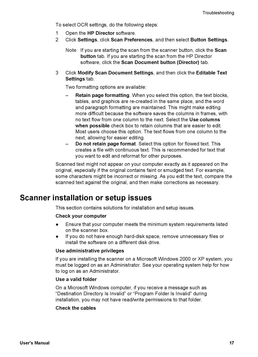 HP 4600 manual Scanner installation or setup issues, Check your computer, Use administrative privileges, Use a valid folder 