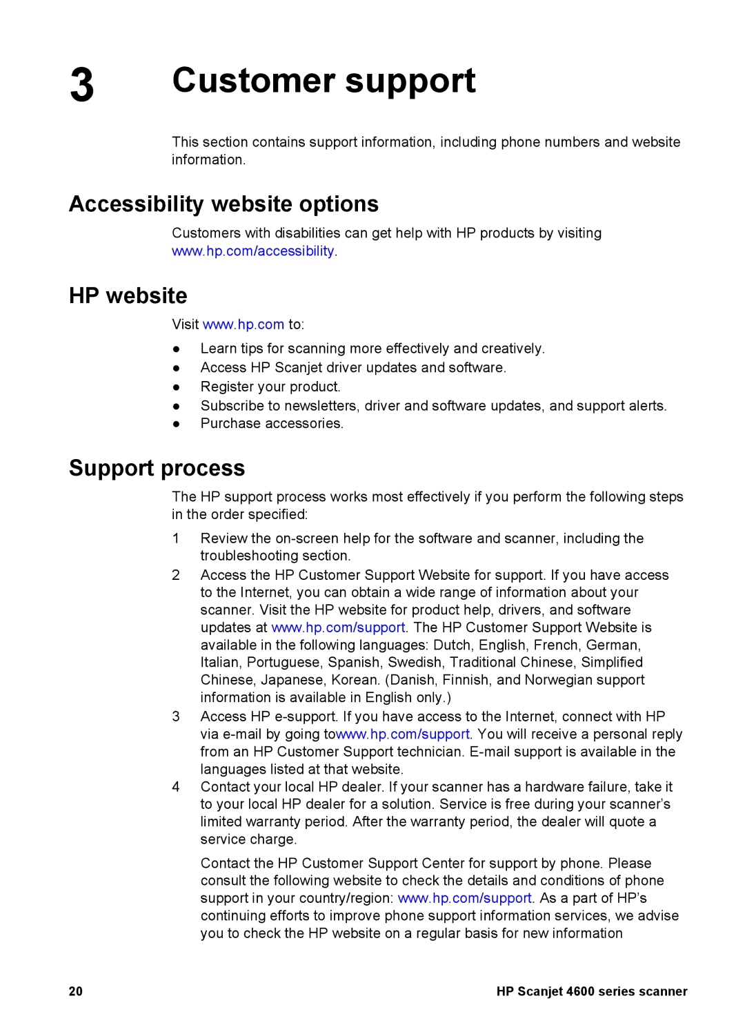 HP 4600 manual Customer support, Accessibility website options, HP website, Support process 