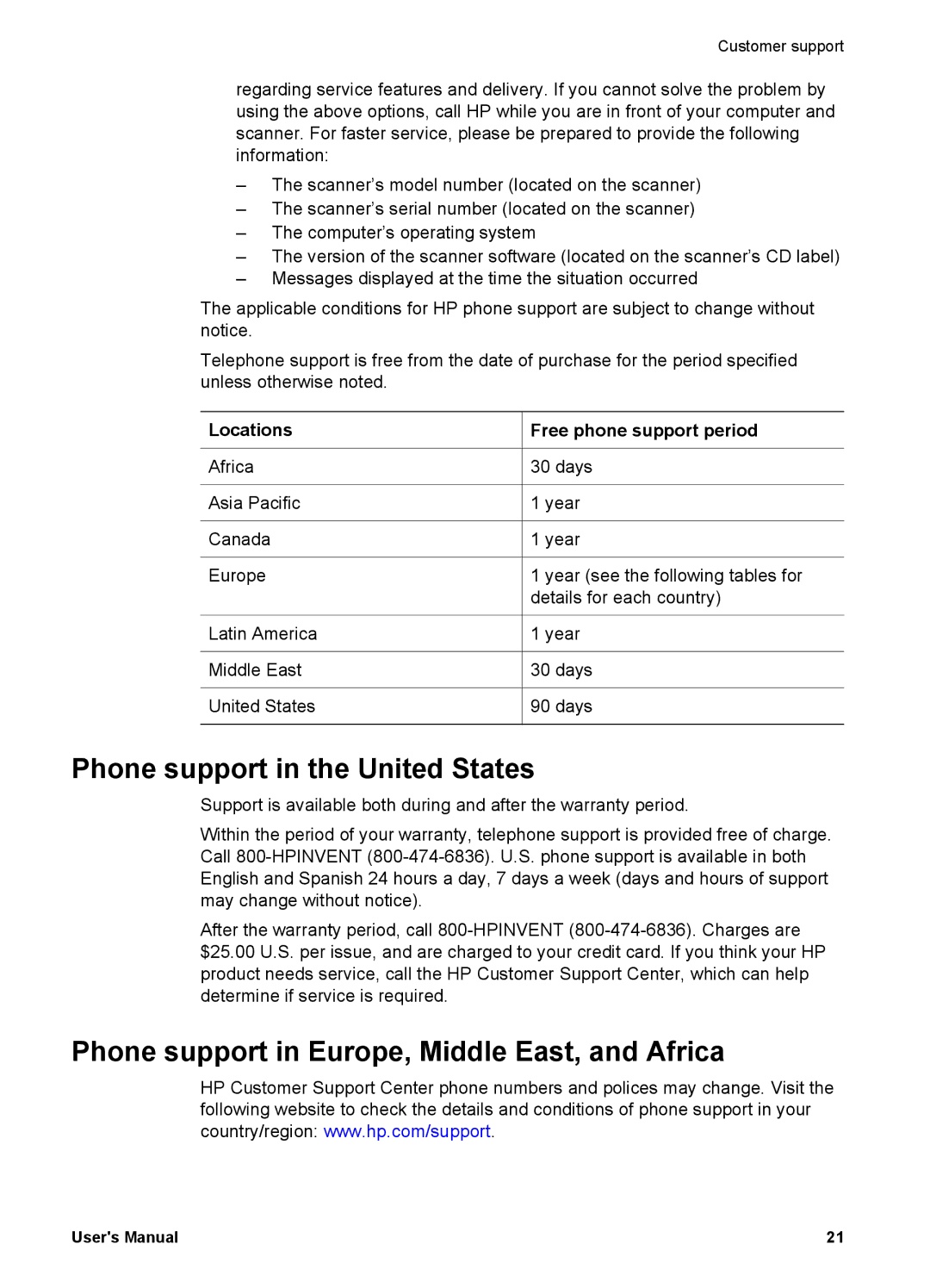 HP 4600 manual Phone support in the United States, Phone support in Europe, Middle East, and Africa 