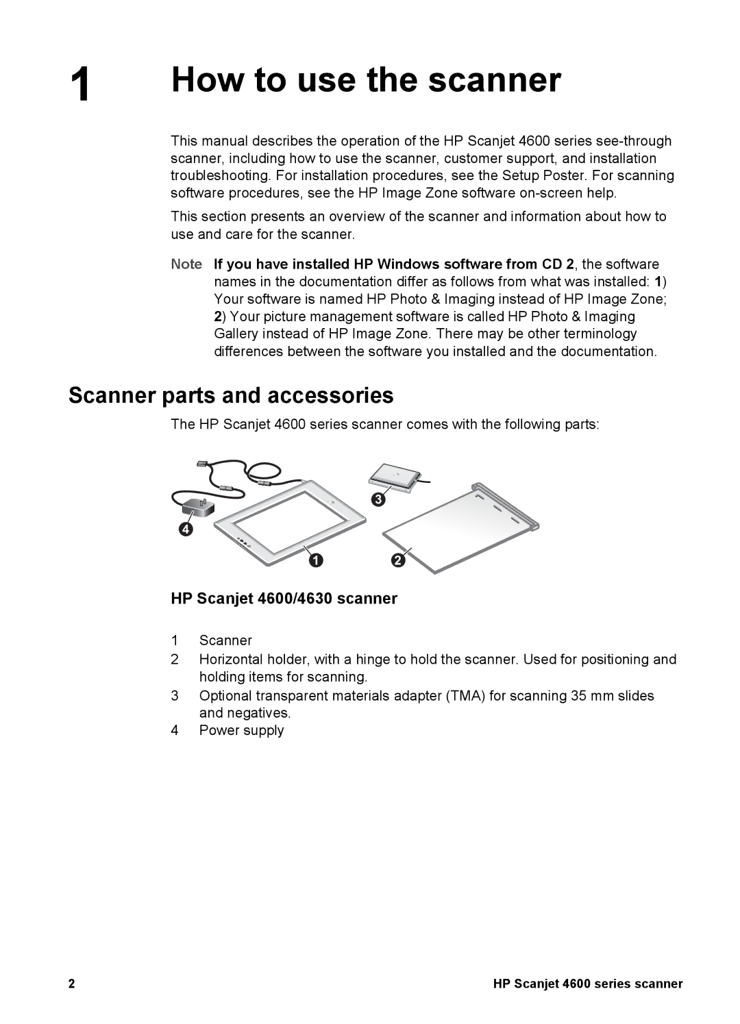 HP manual How to use the scanner, Scanner parts and accessories, HP Scanjet 4600/4630 scanner 