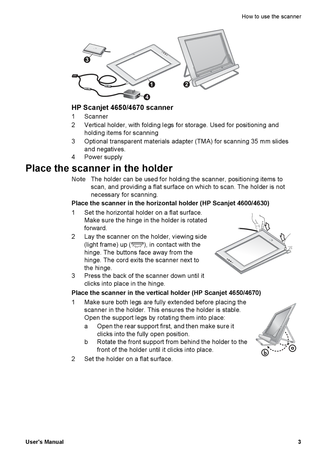 HP 4600 manual Place the scanner in the holder, HP Scanjet 4650/4670 scanner 