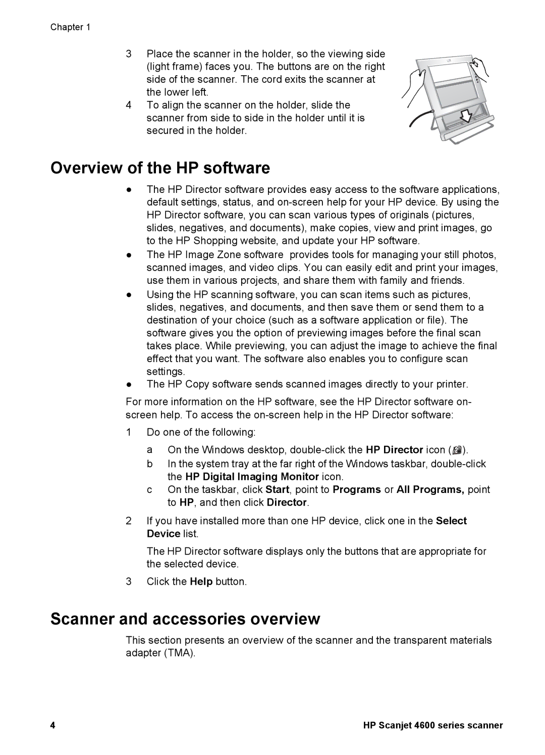 HP 4600 manual Overview of the HP software, Scanner and accessories overview 