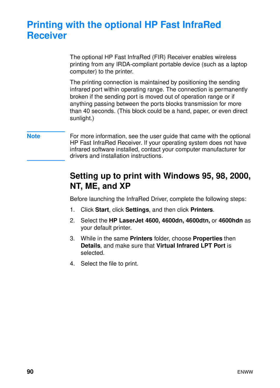 HP 4600hdn 4600n manual Printing with the optional HP Fast InfraRed Receiver 