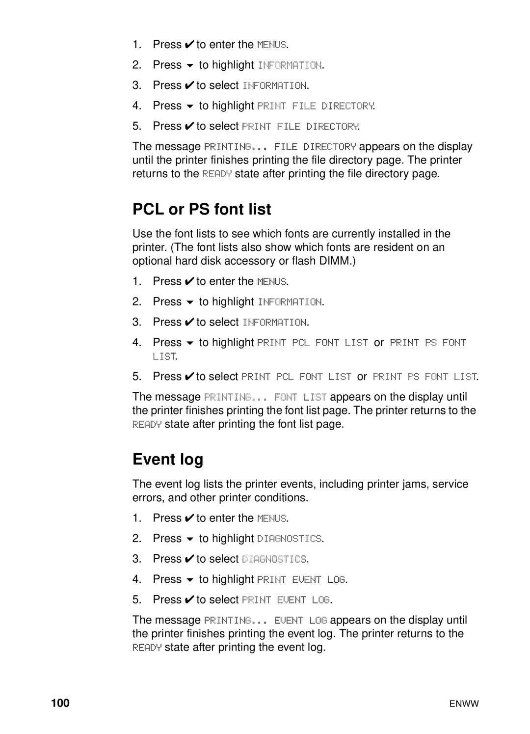 HP 4600hdn 4600n manual PCL or PS font list, Event log, 100 