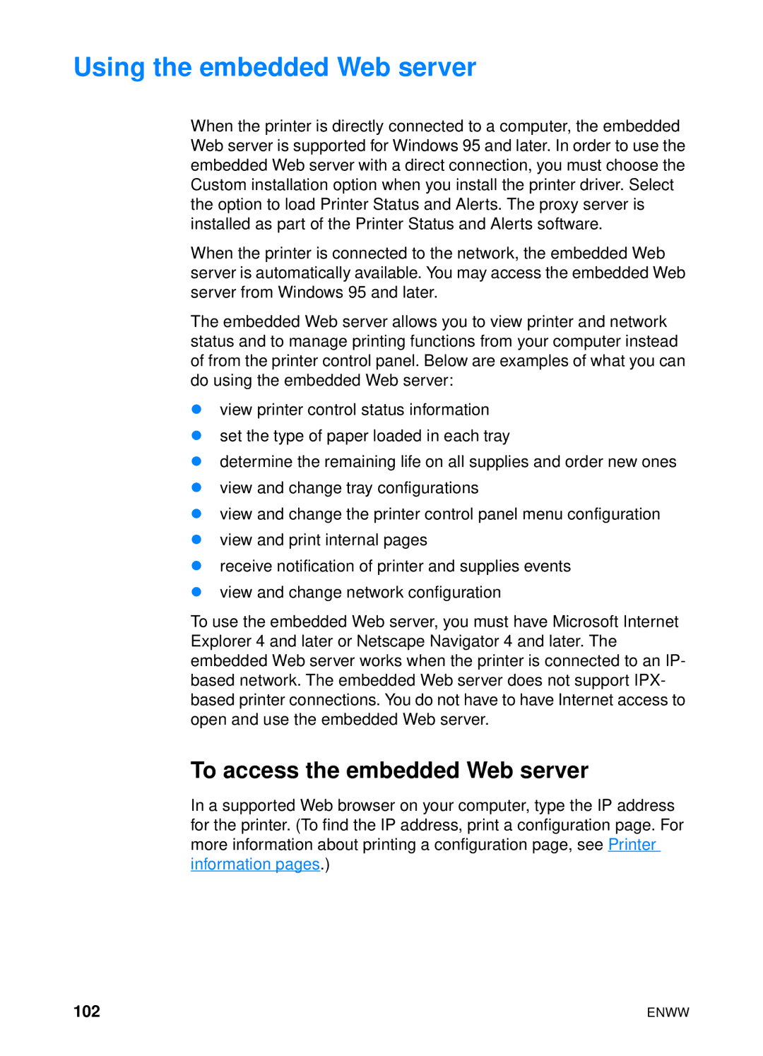 HP 4600hdn 4600n manual Using the embedded Web server, To access the embedded Web server, 102 