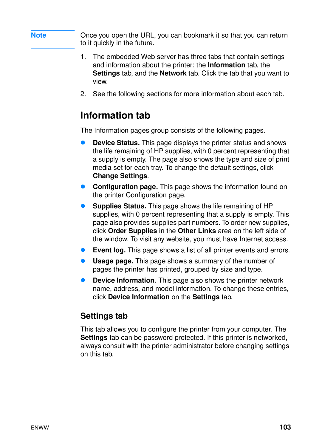 HP 4600hdn 4600n manual Information tab, Settings tab, 103 
