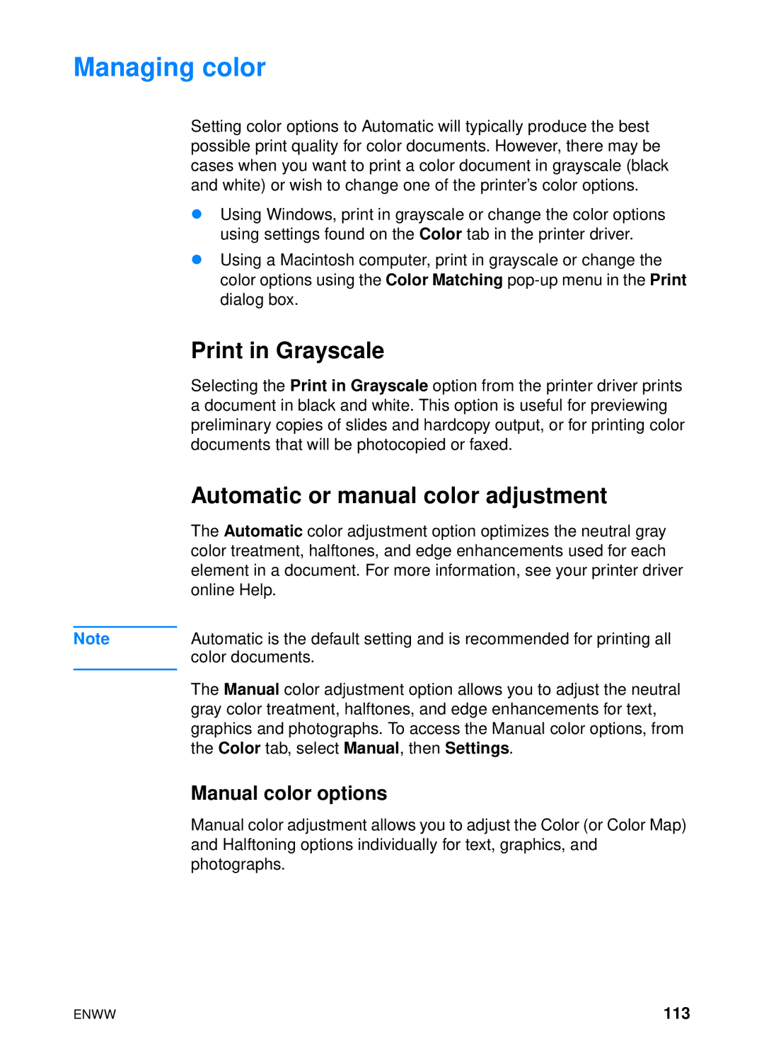 HP 4600hdn 4600n Managing color, Print in Grayscale, Automatic or manual color adjustment, Manual color options, 113 