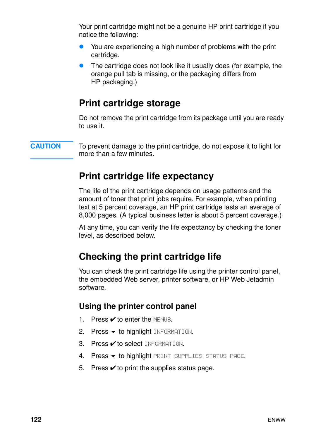 HP 4600hdn 4600n manual Print cartridge storage, Print cartridge life expectancy, Checking the print cartridge life, 122 