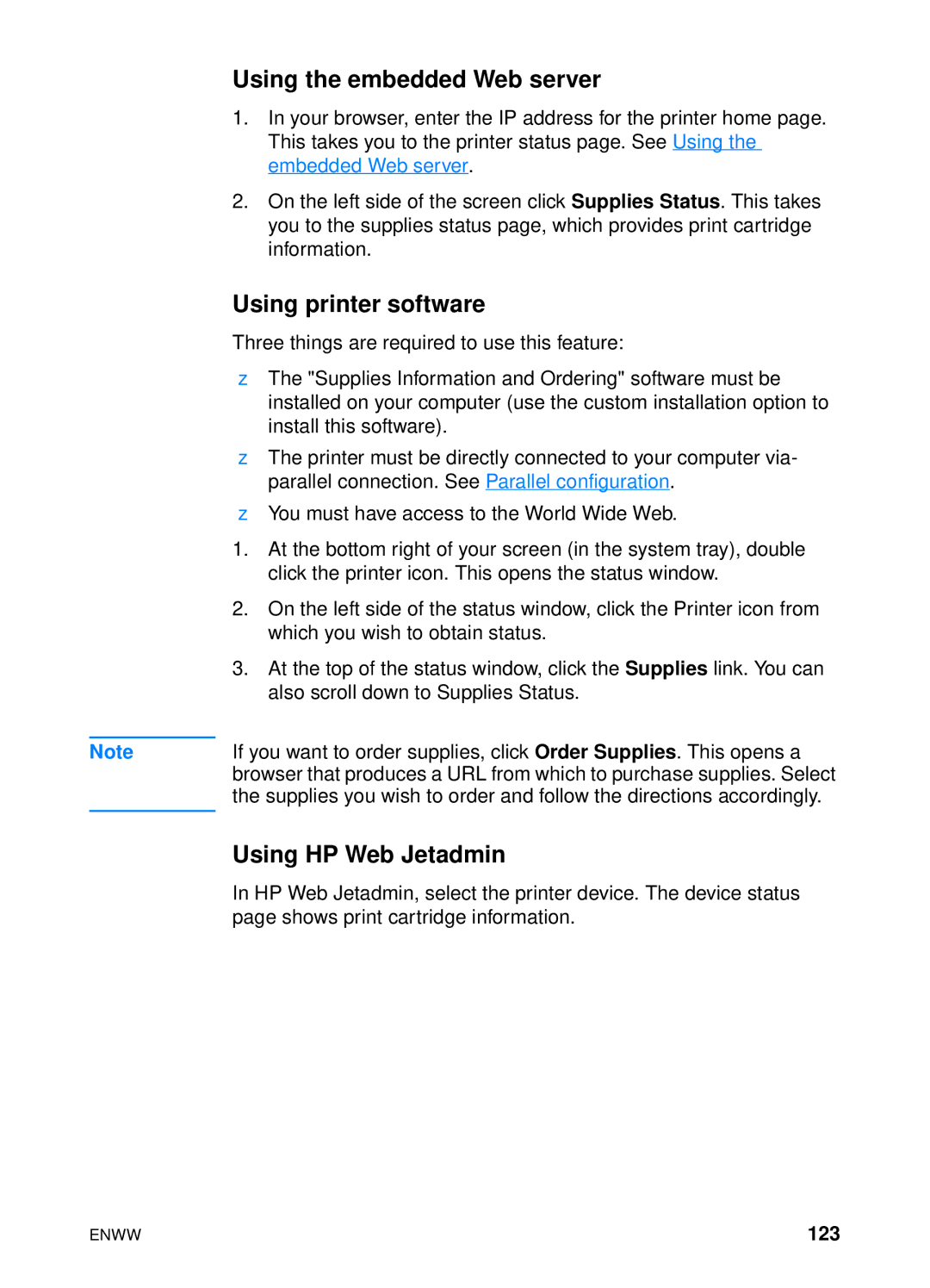 HP 4600hdn 4600n manual Using the embedded Web server, Using printer software, Using HP Web Jetadmin, 123 