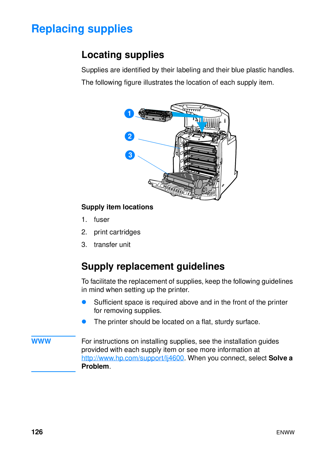 HP 4600hdn 4600n manual Replacing supplies, Locating supplies, Supply replacement guidelines, Supply item locations, 126 