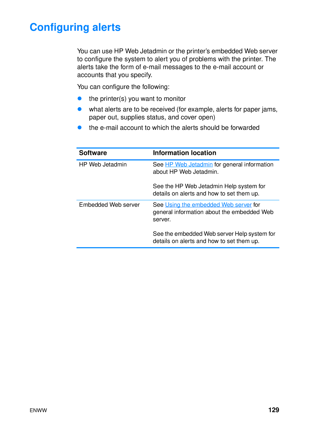 HP 4600hdn 4600n manual Configuring alerts, Software Information location, 129, See Using the embedded Web server for 