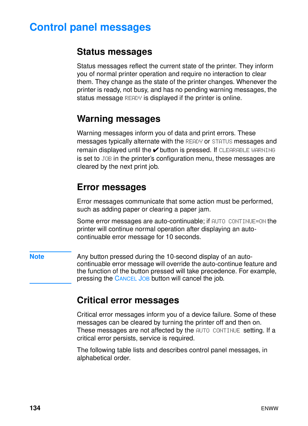 HP 4600hdn 4600n manual Control panel messages, Status messages, Error messages, Critical error messages, 134 