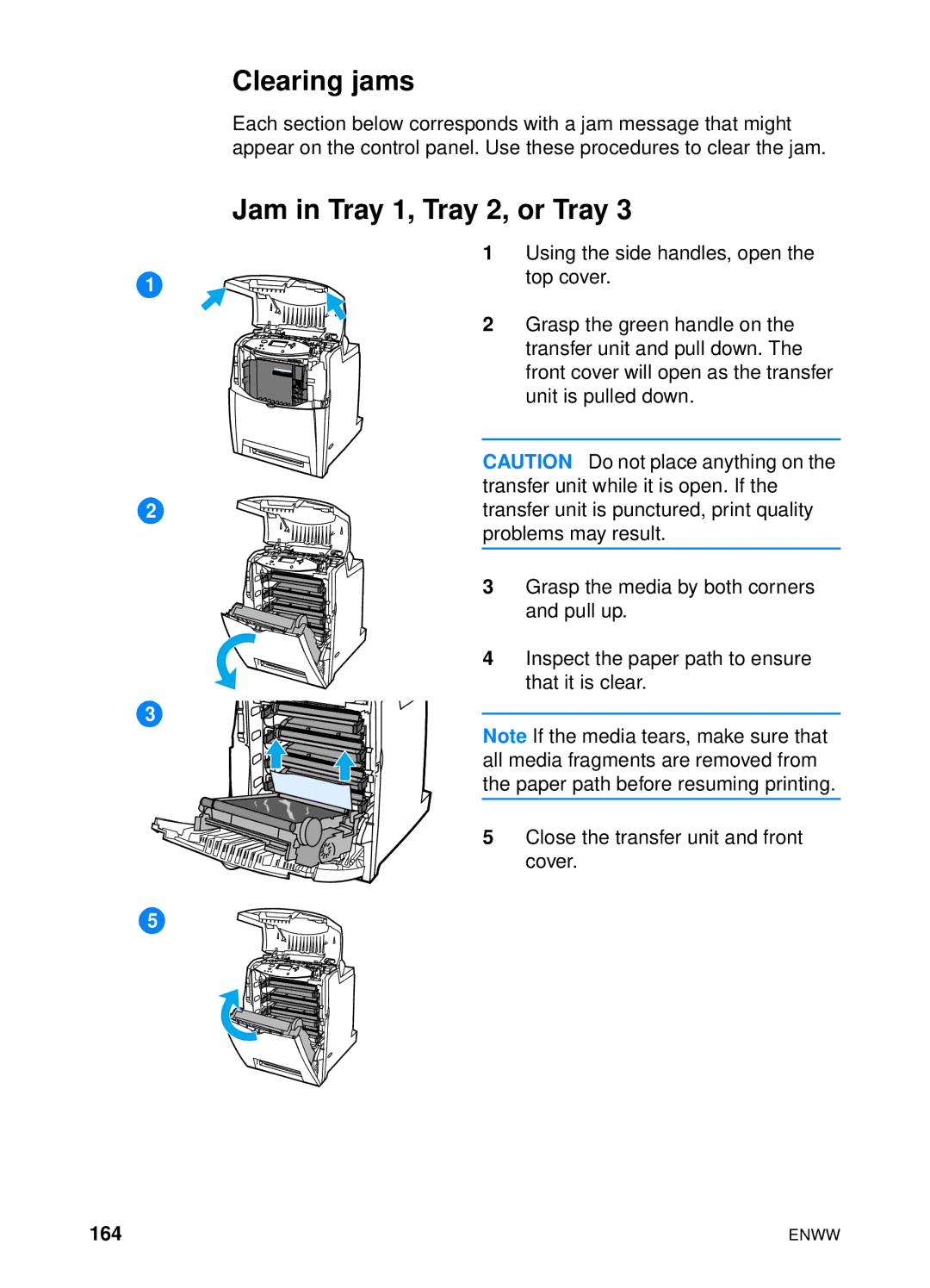 HP 4600hdn 4600n manual Clearing jams, Jam in Tray 1, Tray 2, or Tray, 164 