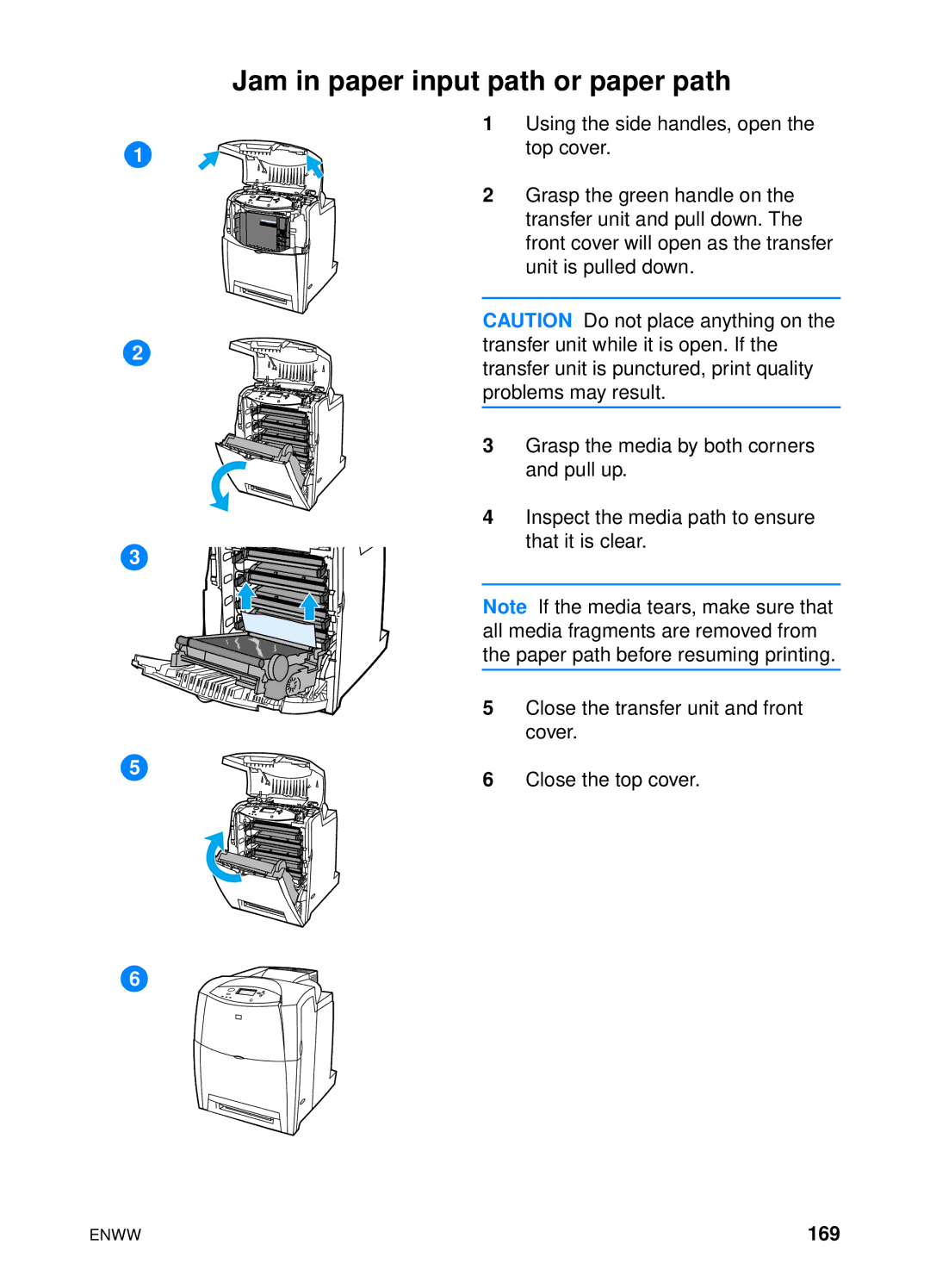 HP 4600hdn 4600n manual Jam in paper input path or paper path, 169 