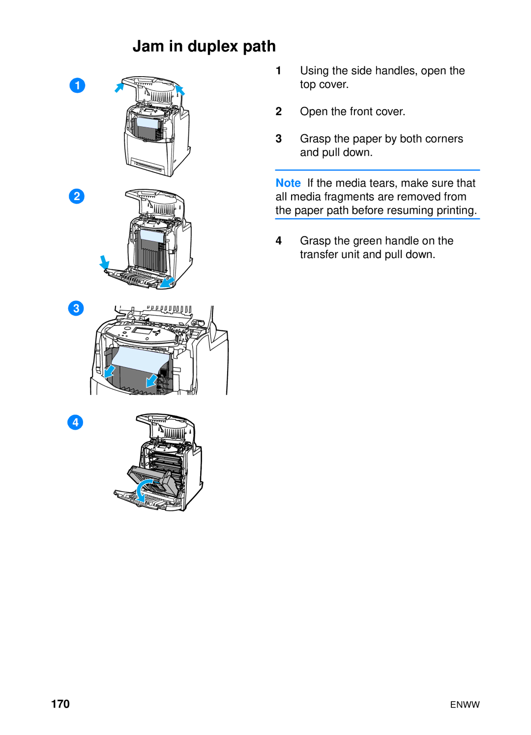 HP 4600hdn 4600n manual Jam in duplex path, 170 