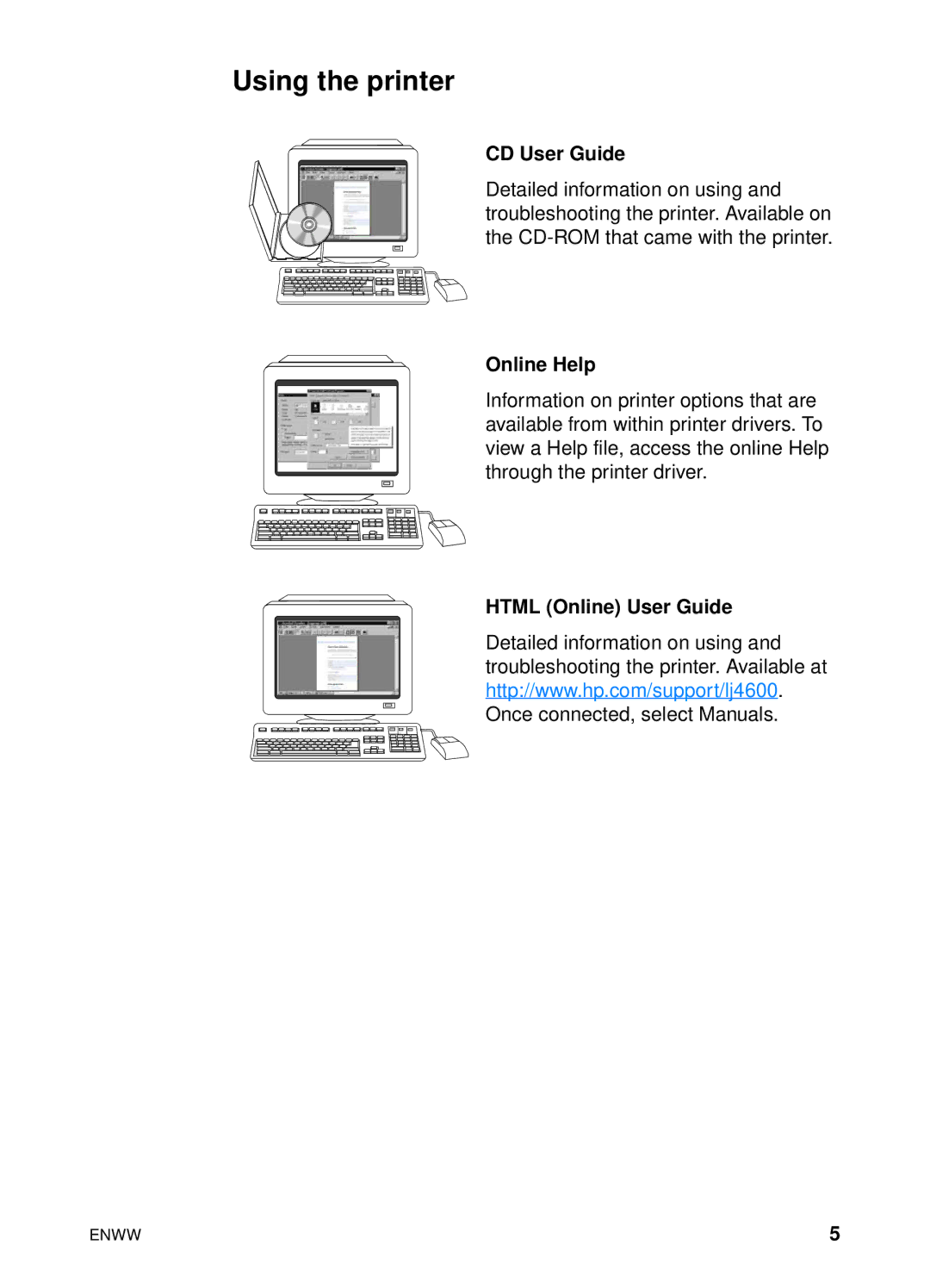 HP 4600hdn 4600n manual Using the printer, CD User Guide, Online Help, Html Online User Guide 