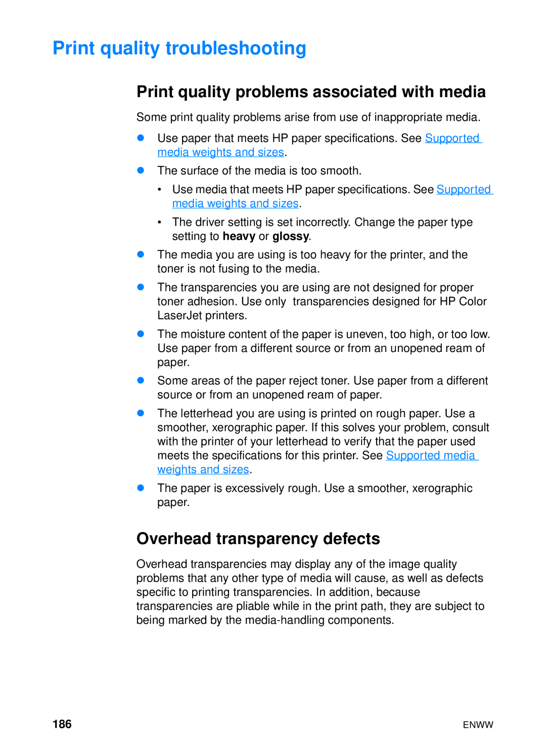 HP 4600hdn 4600n manual Print quality troubleshooting, Print quality problems associated with media, 186 