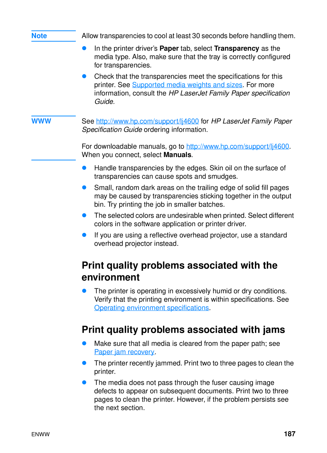 HP 4600 manual Print quality problems associated with the environment, Print quality problems associated with jams, 187 